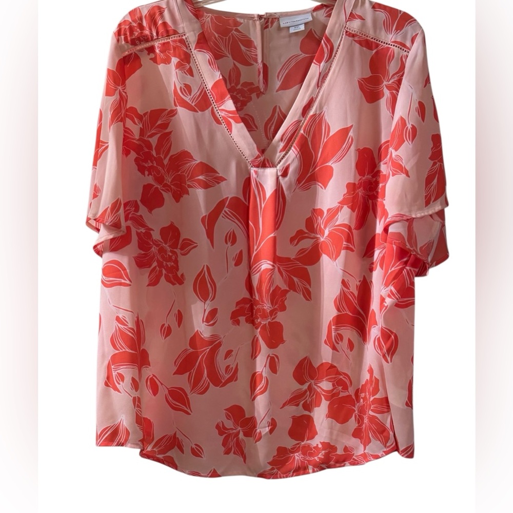 Liz Claiborne Floral V-Neck Blouse - Coral and Light Pink